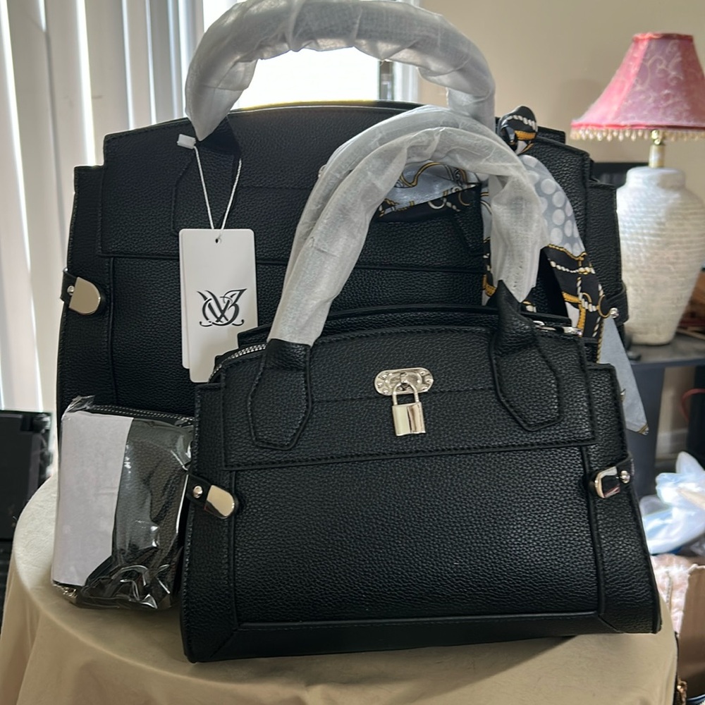 Black Vegan Leather Satchel Set with Silver Hardware
